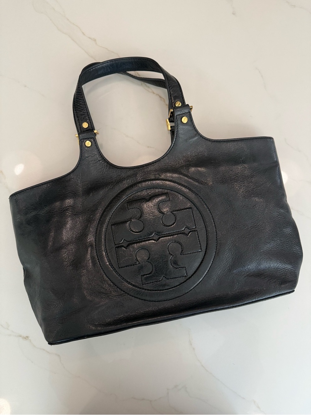 Tory Burch Black Leather Large Logo Tote Bag Gold Hardware
